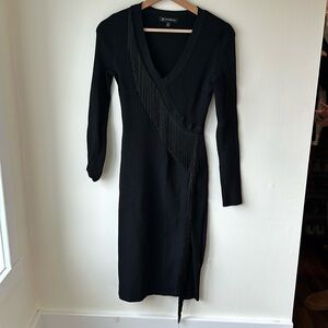 INC Black V-Neck Fringe Dress